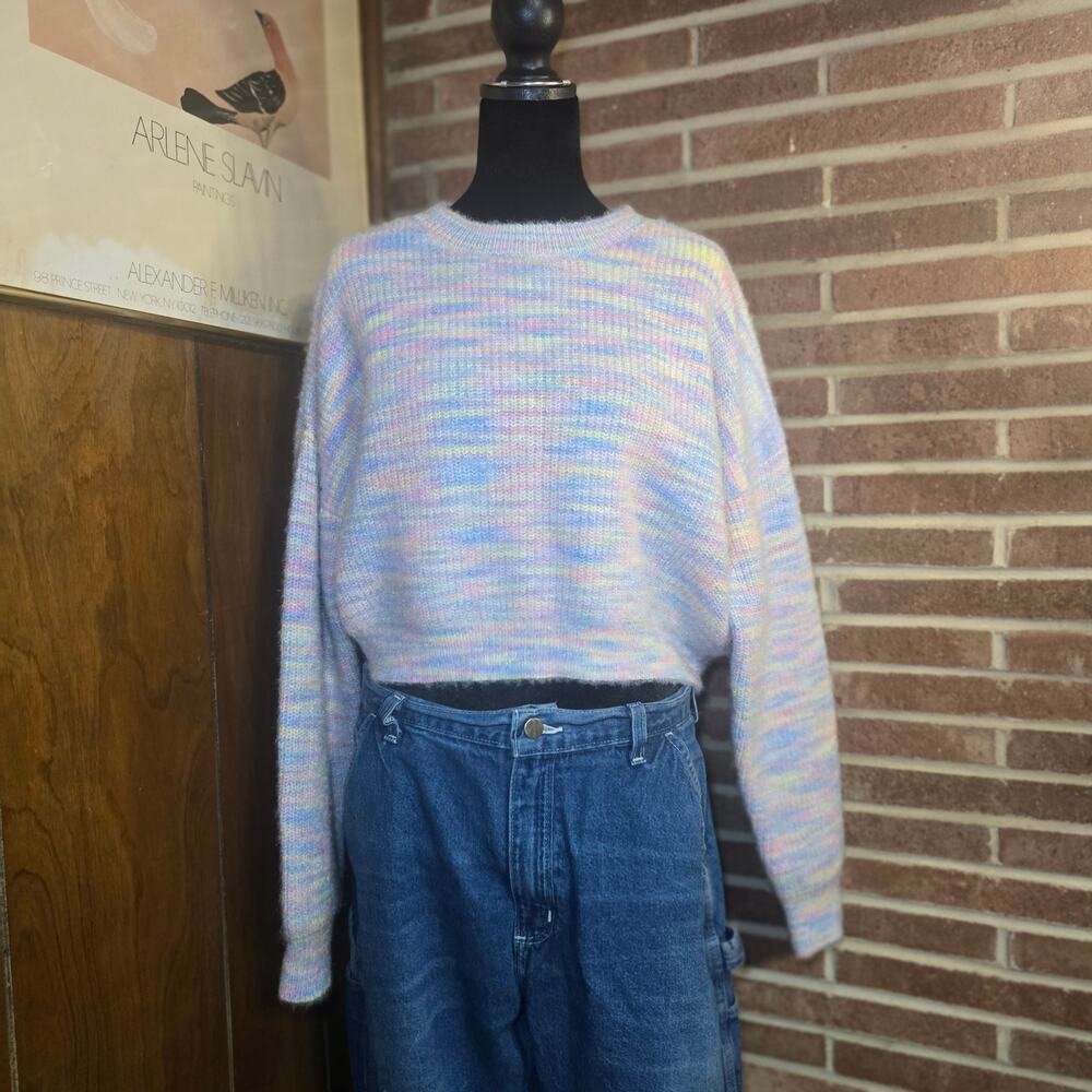 Sienna Sky Pastel Space Dye Cropped Crewneck Fuzzy Knit Sweater